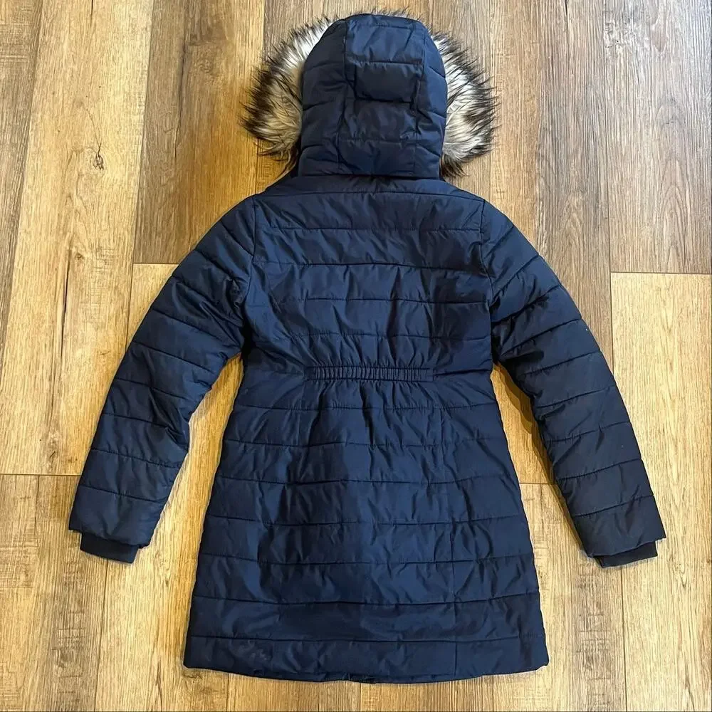 VTG Y2K Abercrombie Kids Puffer Jacket 11/12 Collar Faux Fur Hood Lined Blue EUC
